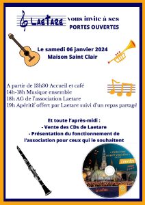 Invitation à l'assemblée générale du samedi 6 janvier 2024 avec une porte ouverte pour acheter des CD, découvrir l'association ou jouer de la musique ensemble.